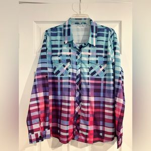Plaid shirt with beautiful colors- pinks, purples, aqua!